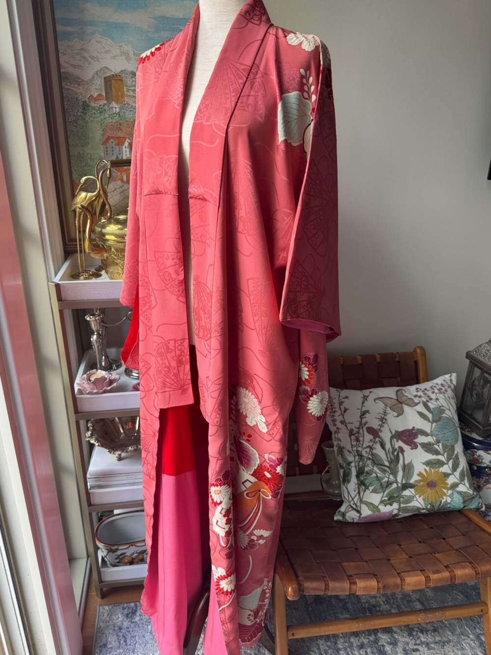 Coral Pink Floral Silk-Style Kimono